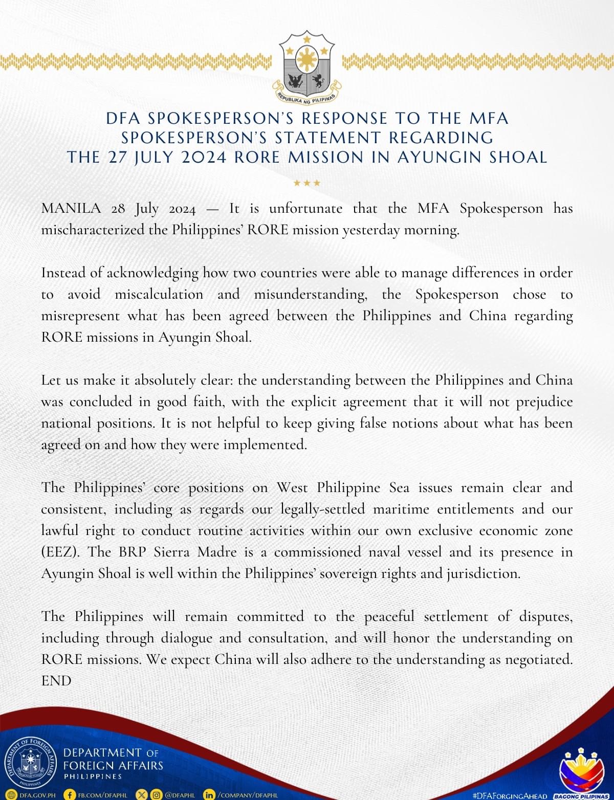 2DFA Spox Response to CH Spox on RORE Mission on July 27 28 July 2024