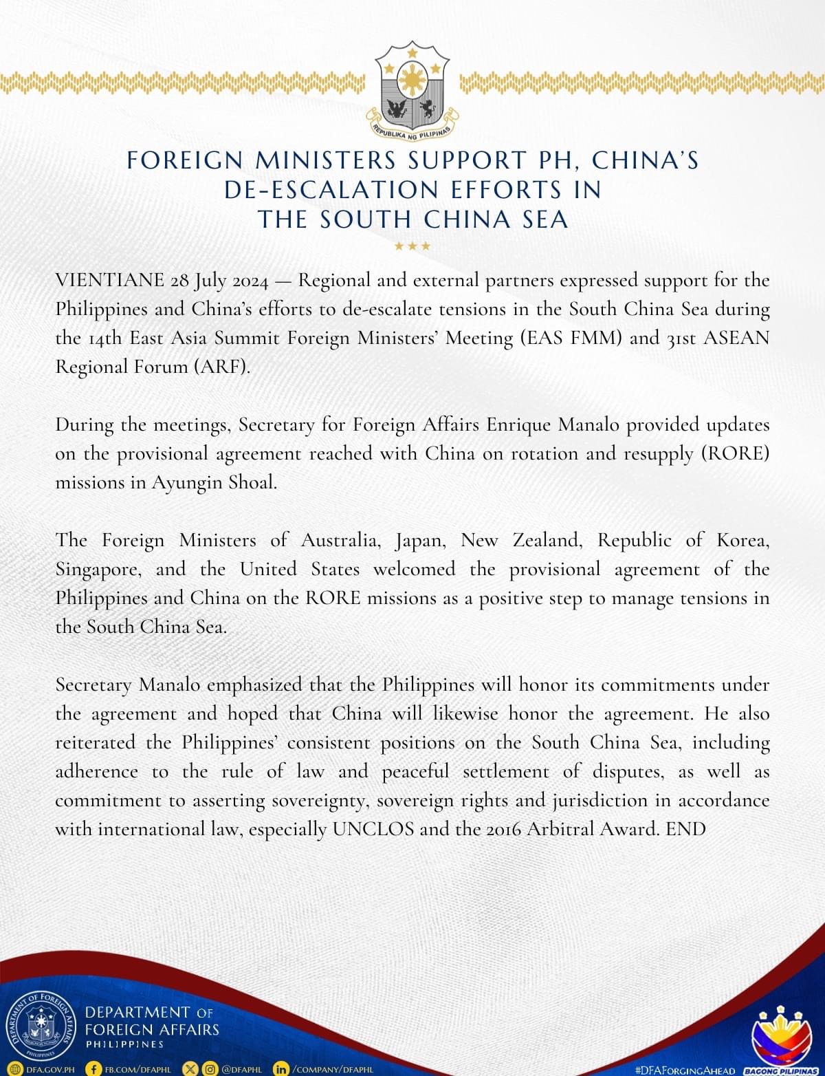 3DFA Statement on Support by Partners for PH CH Efforts to De esclate Tension in SCS 28 July 2024