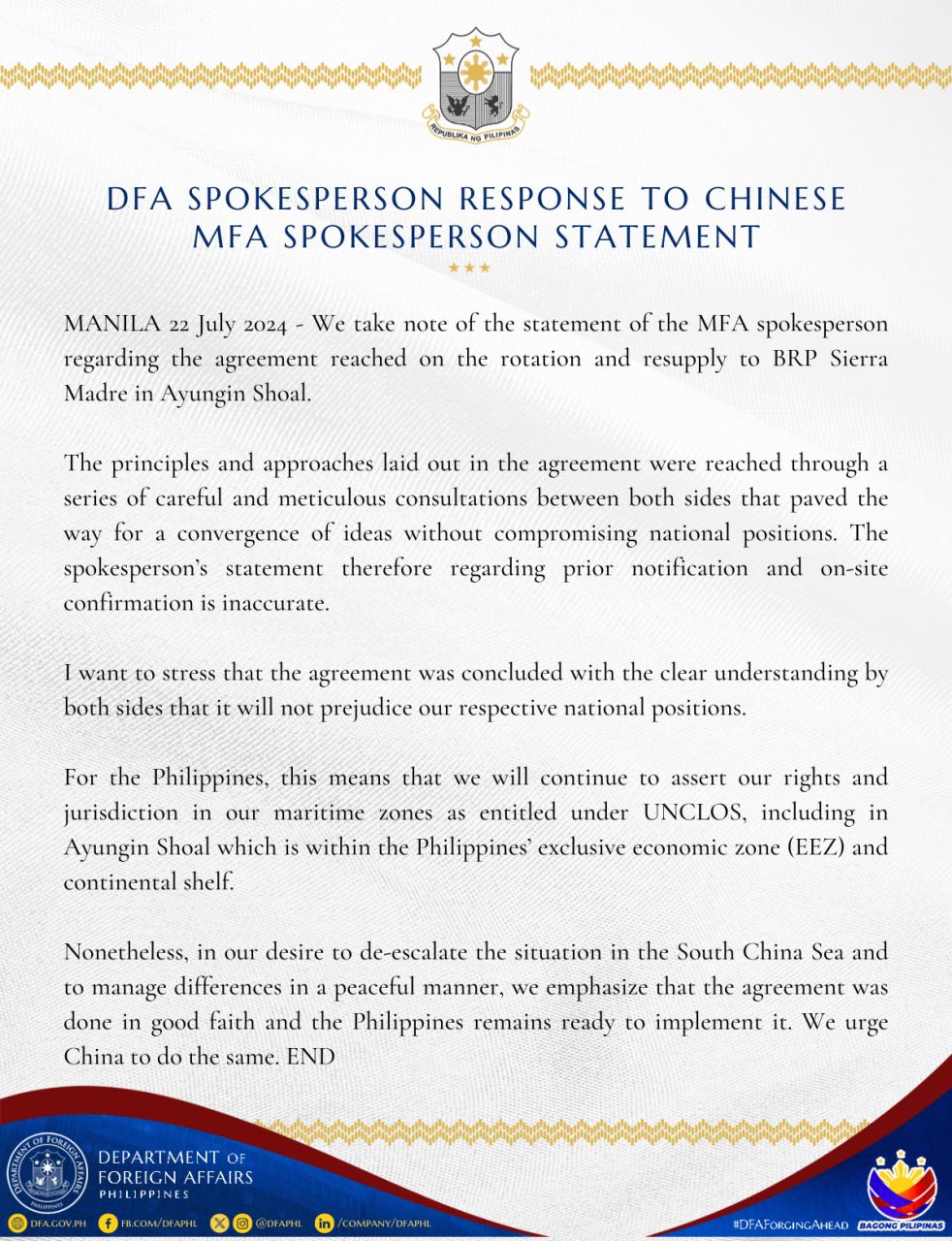 DFA Spokepersons Response to Chinese MFA Spokespersons Statement on 22 July 2024