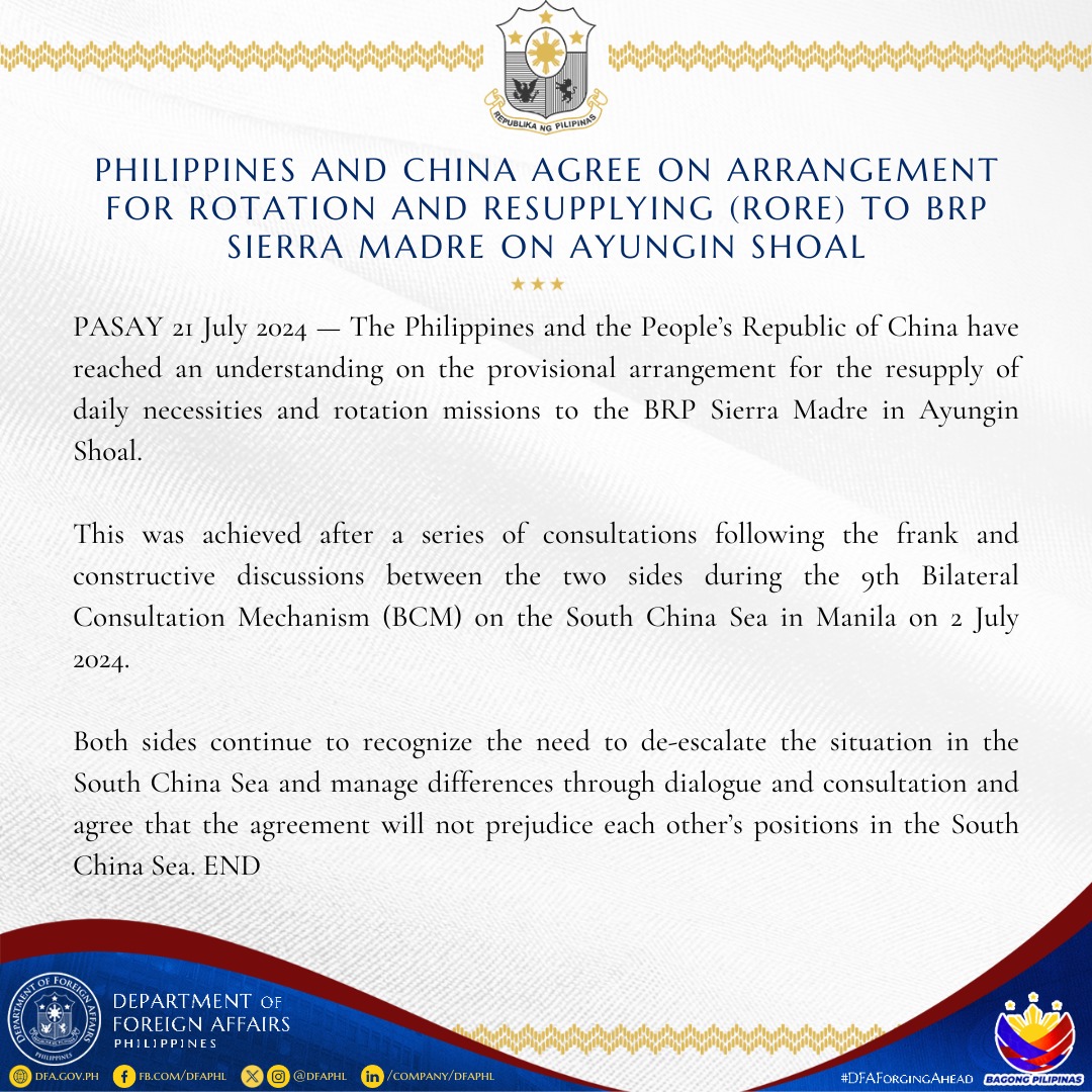 DFA Statement on PH CN Agreement for RORE 21 July 2024