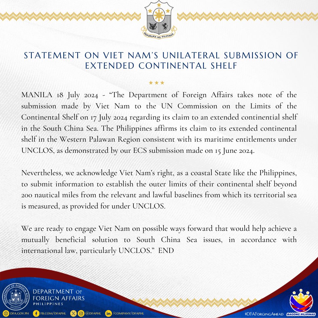 STATEMENT ON VIET NAMS SUBMISSION OF EXTENDED CONTINENTAL SHELF 18 July 2024
