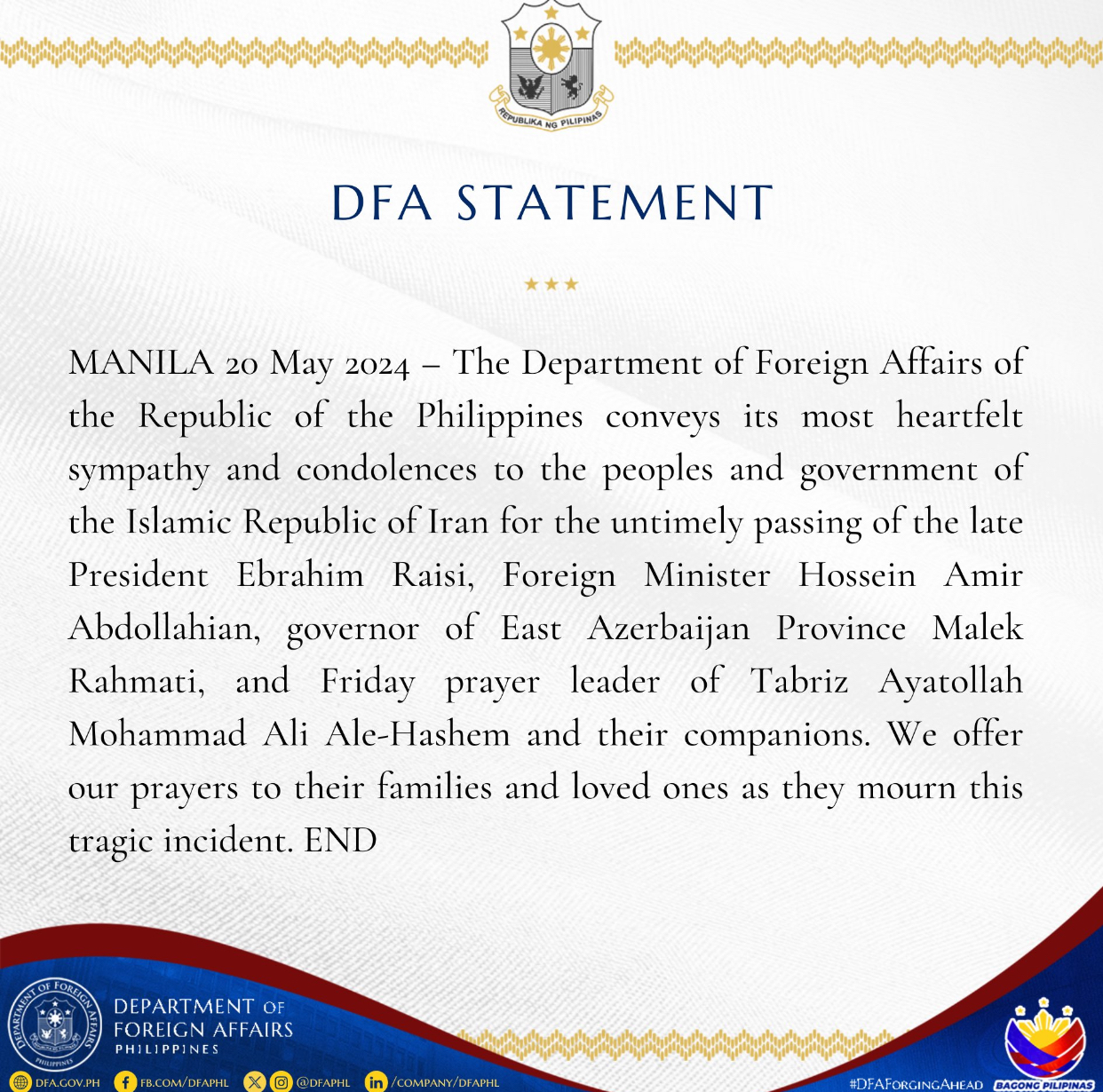 Condolence Message of DFA